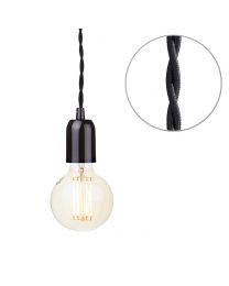 Decorative Black Braided Cable Kit with Nickel Fitting & 6 Watt LED Filament Globe Bulb - Gold Tint