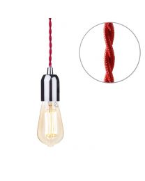 Decorative Red Braided Cable Kit with Nickel Fitting & 6 Watt LED Filament Teardrop Bulb - Gold Tint