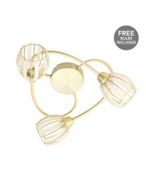 Stripe 3 Arm Semi Flush Ceiling Light With Free Bulbs - Brushed Gold