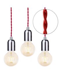 3 Pack of Red Braided Cable Kit with Gold Tint 4 Watt LED Filament Globe Light Bulb - Nickel