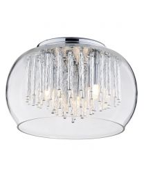 3 Light Glass Flush Ceiling Bowl Shade with Aluminium Rods - Chrome