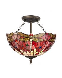 Tiffany by Tiff 3 Light 40cm Dragonfly Semi Flush Ceiling Light - Red and Antique Brass
